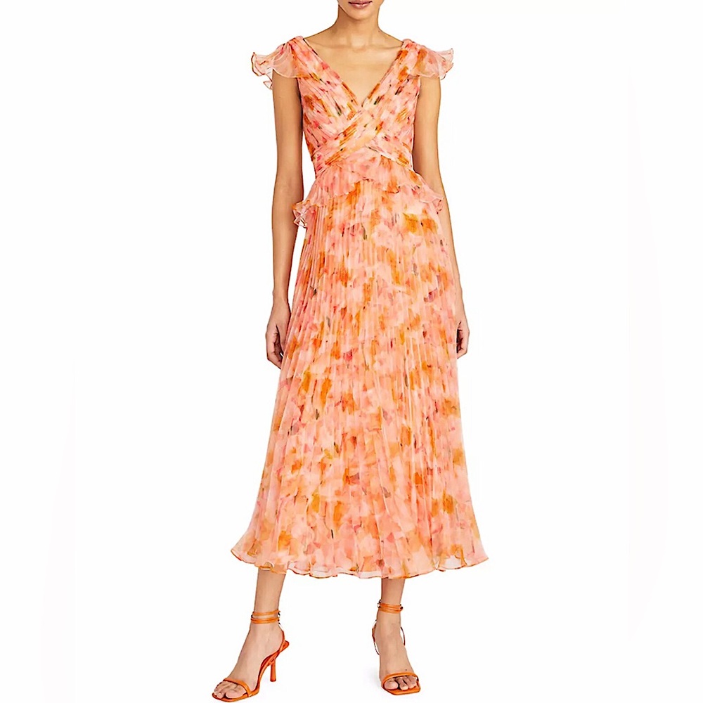 THEIA Holly Pleated Tea Length Gown